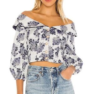 MAJORELLE Pippa Floral Off-Shoulder Top in French Blue
